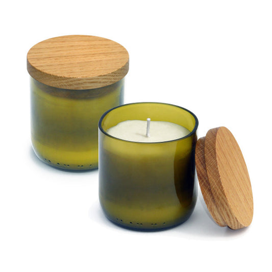 Glas mit Duftkerze, Windlicht mit Holzdeckel aus Eiche, Lavendelduft